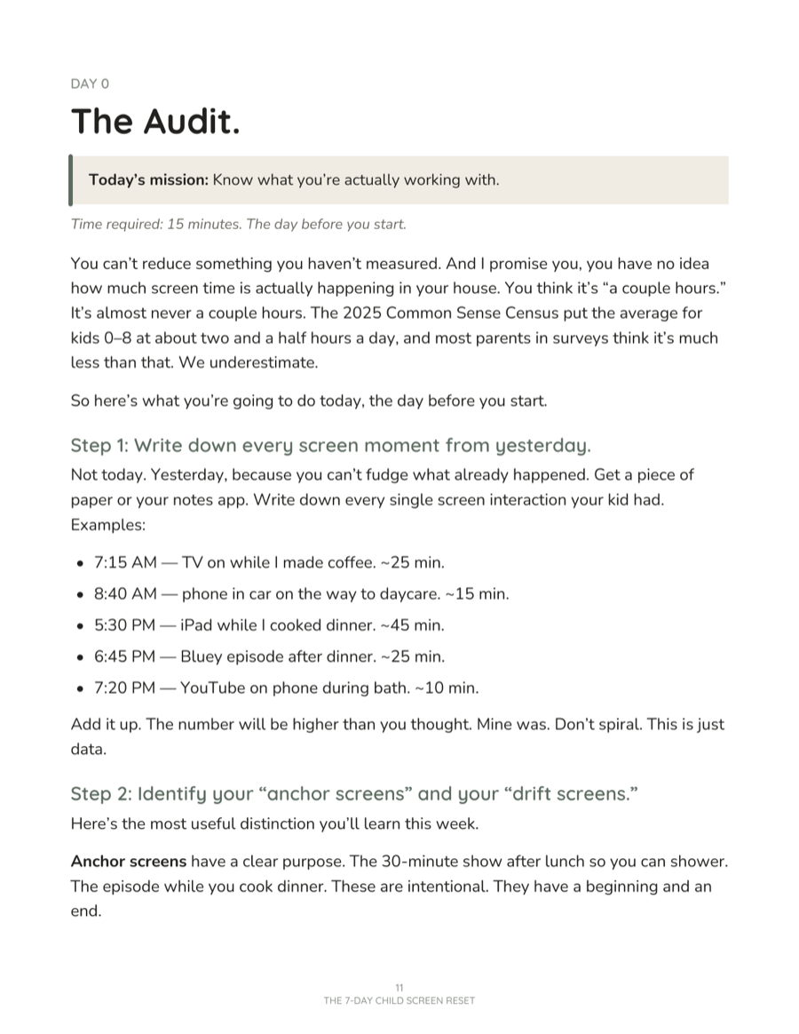 A daily page from the guide with today's mission, time required, and steps