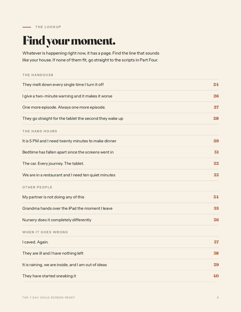 The lookup index from the guide, listing situations such as they melt down every time I turn it off, and it is 5 PM and I need twenty minutes to make dinner, each with a page number