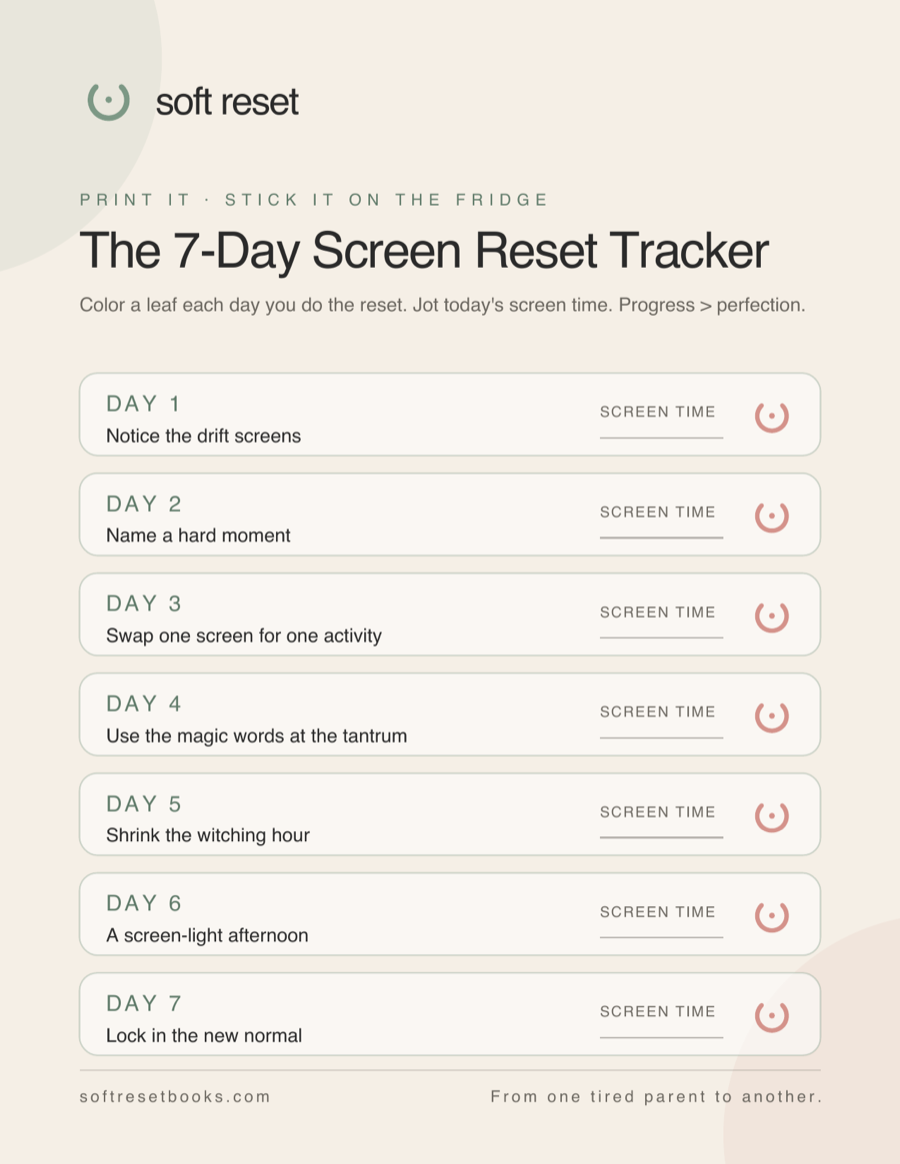 The printable 7-Day Screen Reset Tracker with a screen-time field for each day